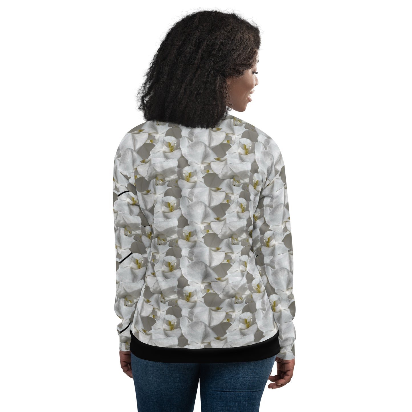 Unisex White Flower Bomber Jacket