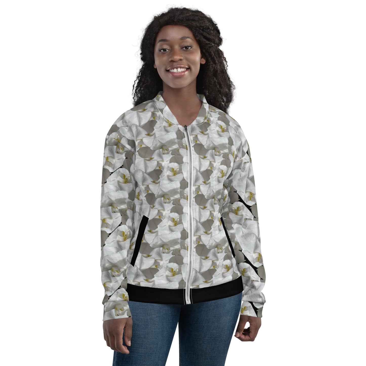 Unisex White Flower Bomber Jacket