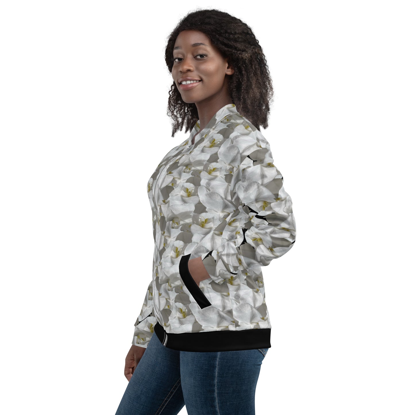 Unisex White Flower Bomber Jacket