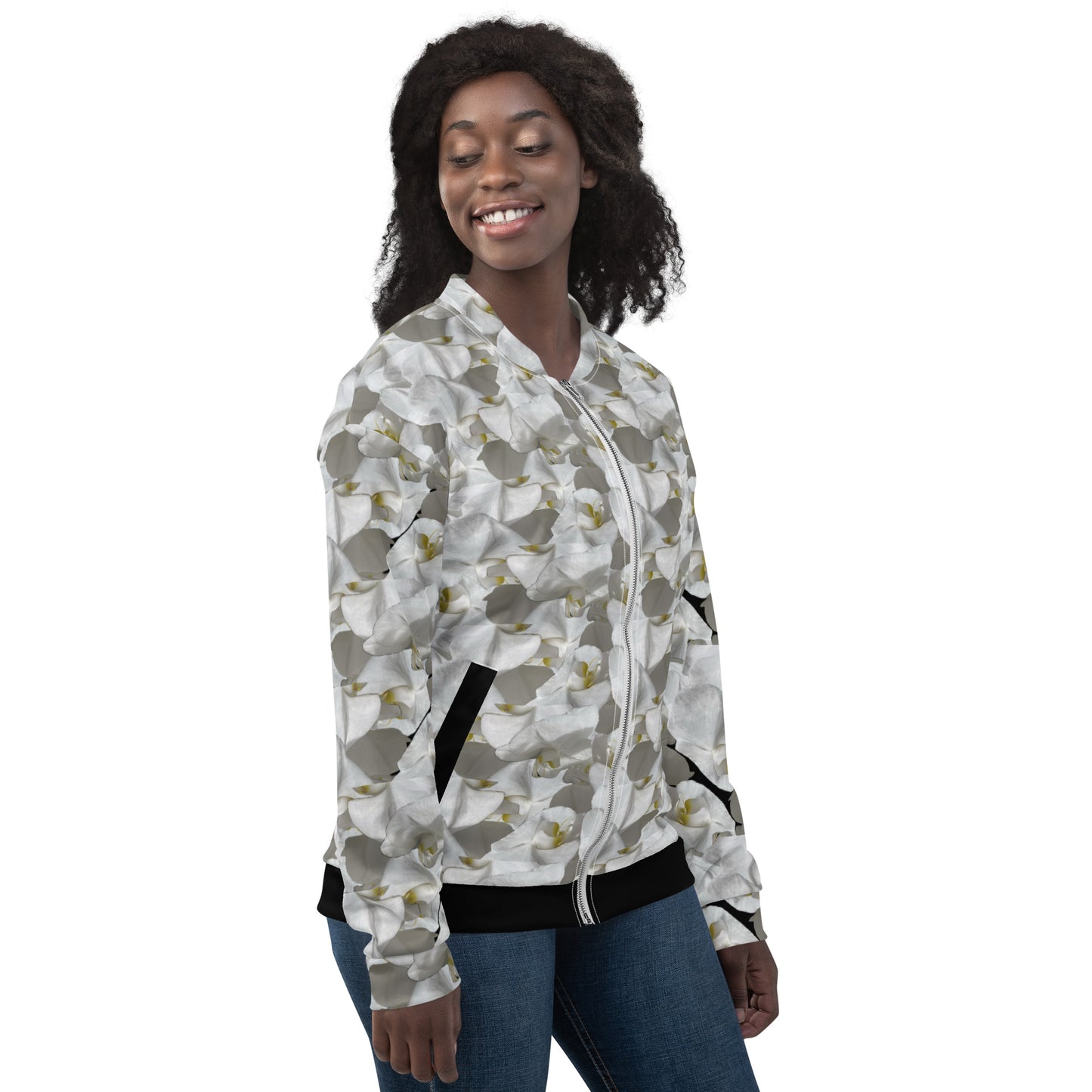Unisex White Flower Bomber Jacket